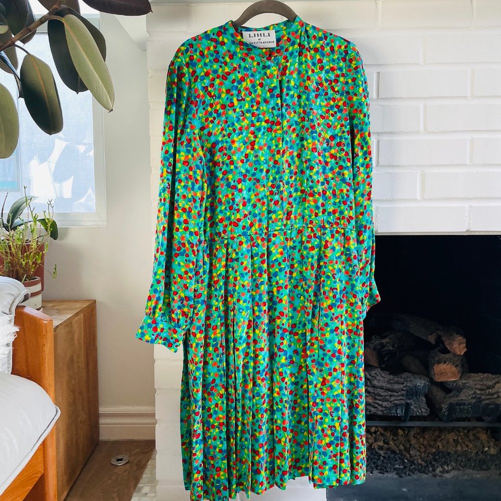 Vintage Women's Dress in Stunning Multi-Colored Silk 1980s MINT